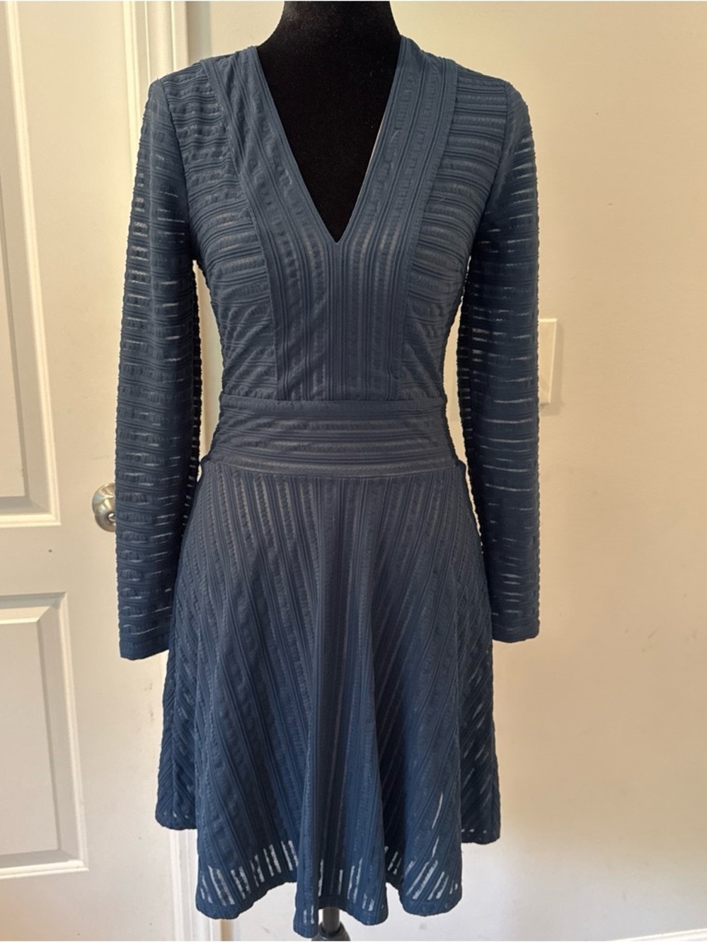 BCBGMaxAzria Slate Blue Textured V-Neck Long Sleeve Dress